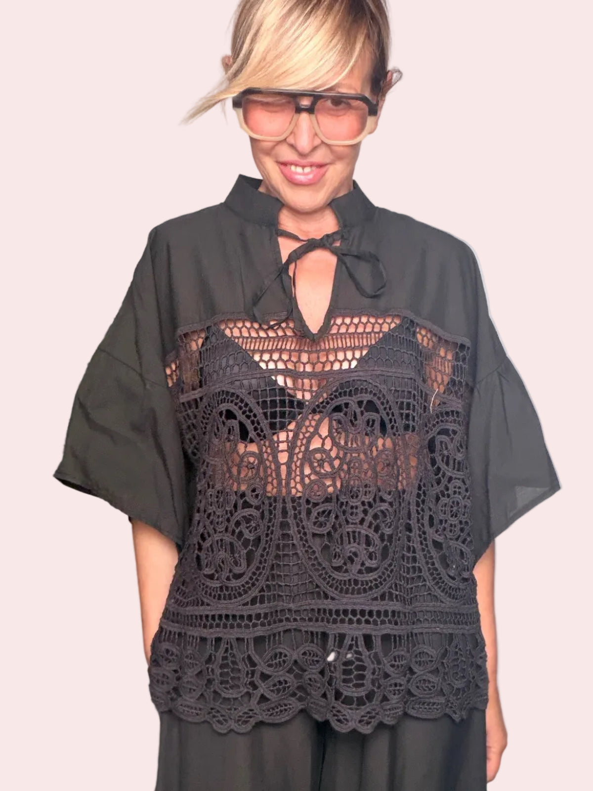 Camicia Over con Inserto in Pizzo Macramé