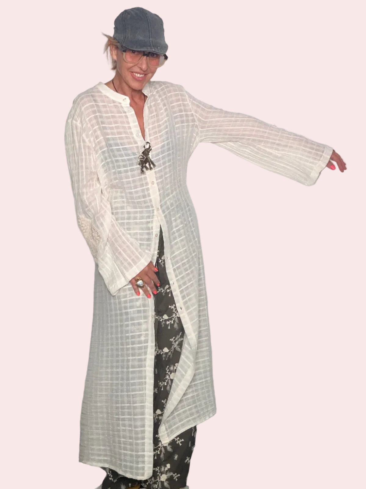 Chemisier Maxi in Tessuto Quadrettato con Inserto in Pizzo