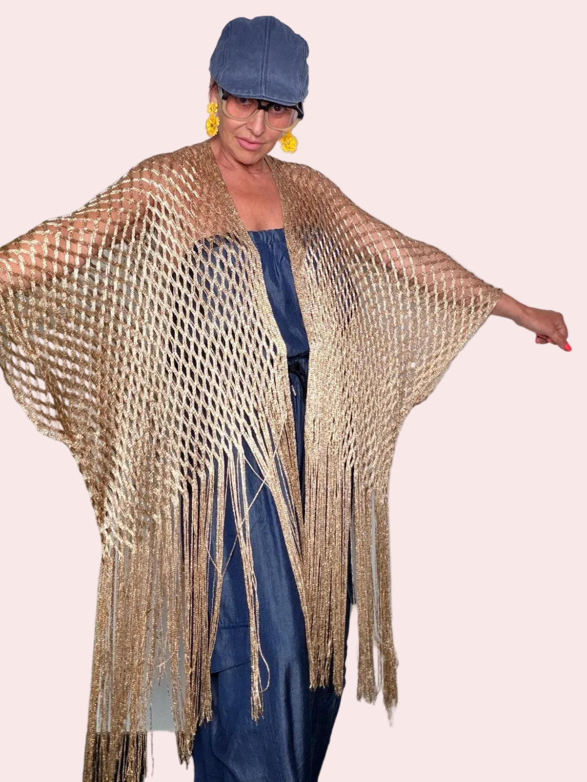 Kimono Cardigan in Rete Lurex con Frangia