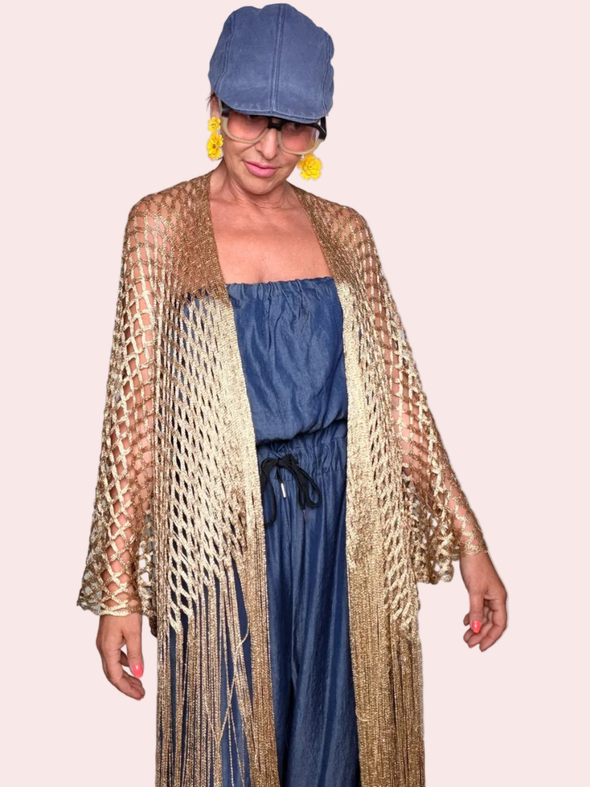 Kimono Cardigan in Rete Lurex con Frangia
