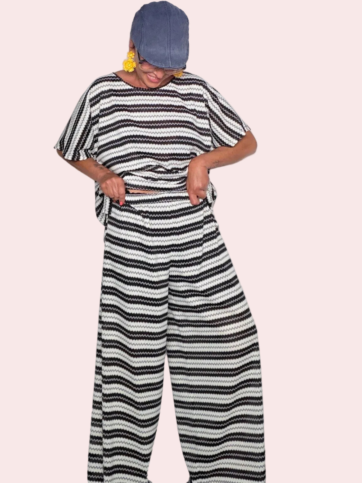Pantalone Palazzo in Maglia Zigzag Bianco e Nero