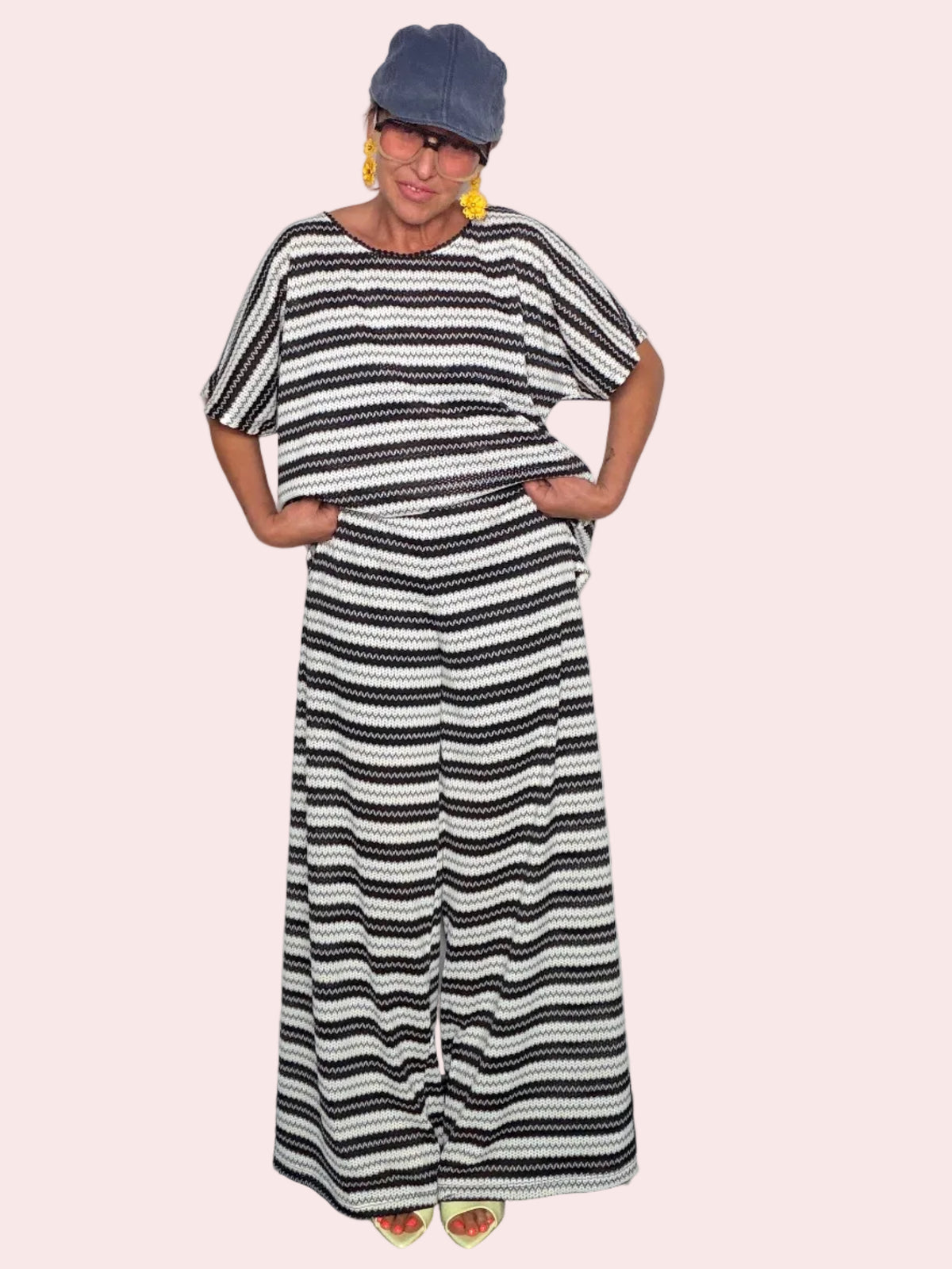 Pantalone Palazzo in Maglia Zigzag Bianco e Nero