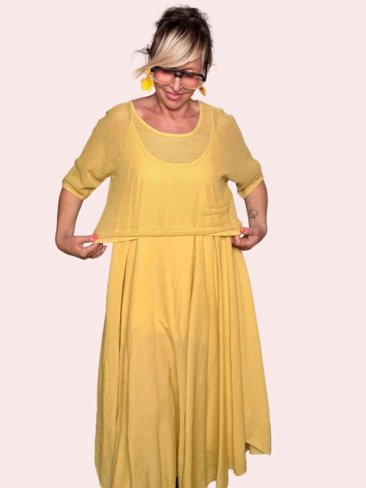 Abito Maxi Layering Rete e Chiffon Giallo Senape