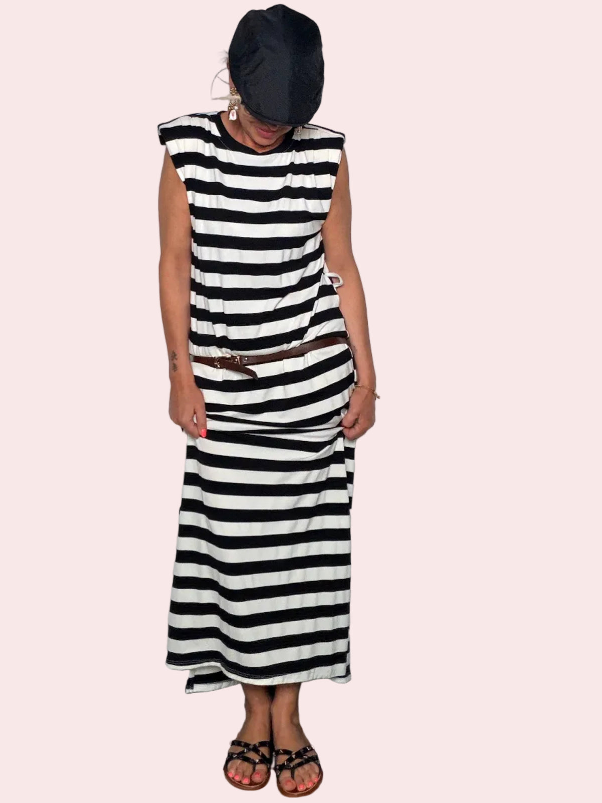 Abito maxi righe bianco nero con spalline