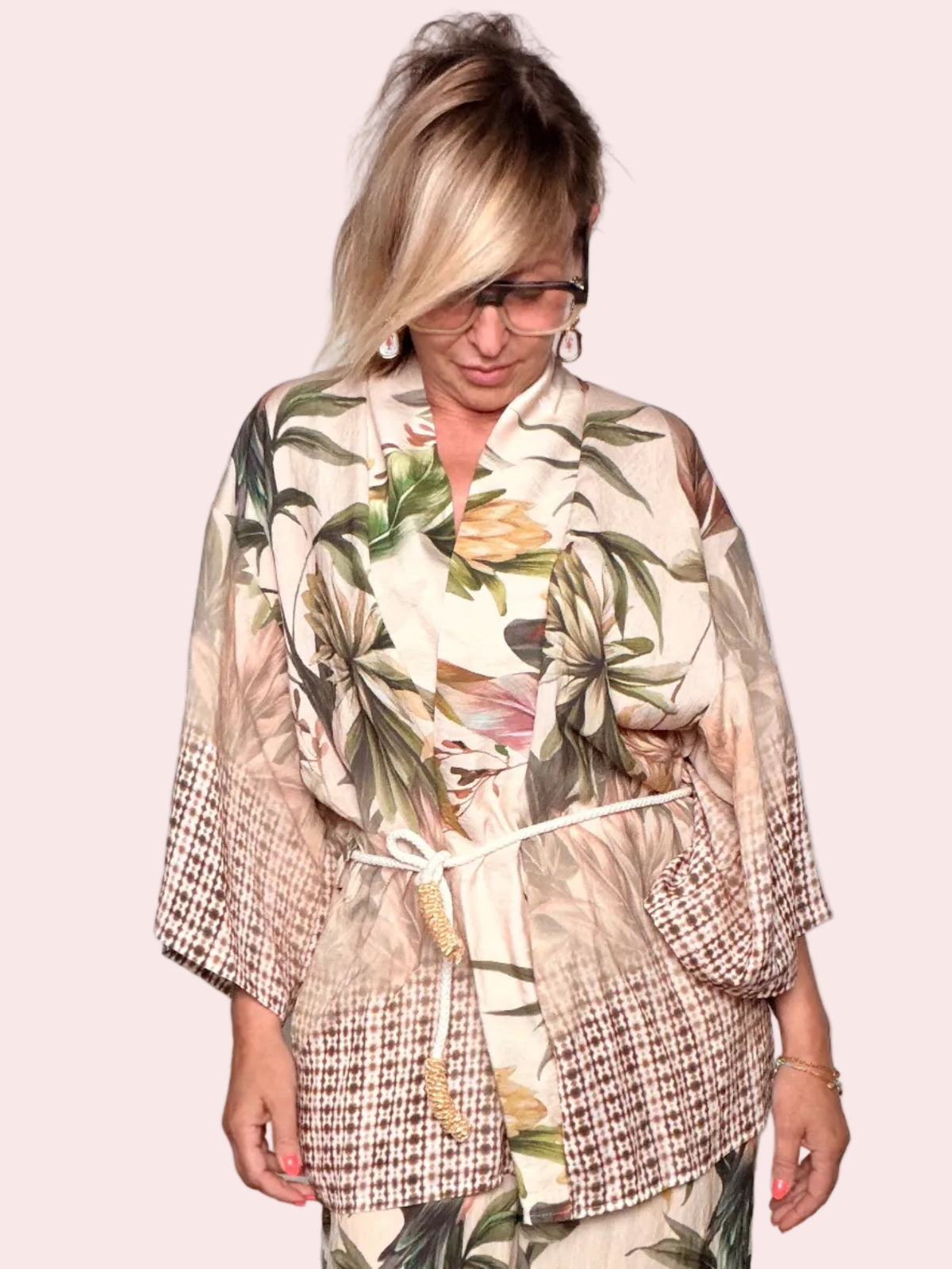 Kimono Jacket Patchwork in Seta con Stampa Botanica e Inserti Geometrici