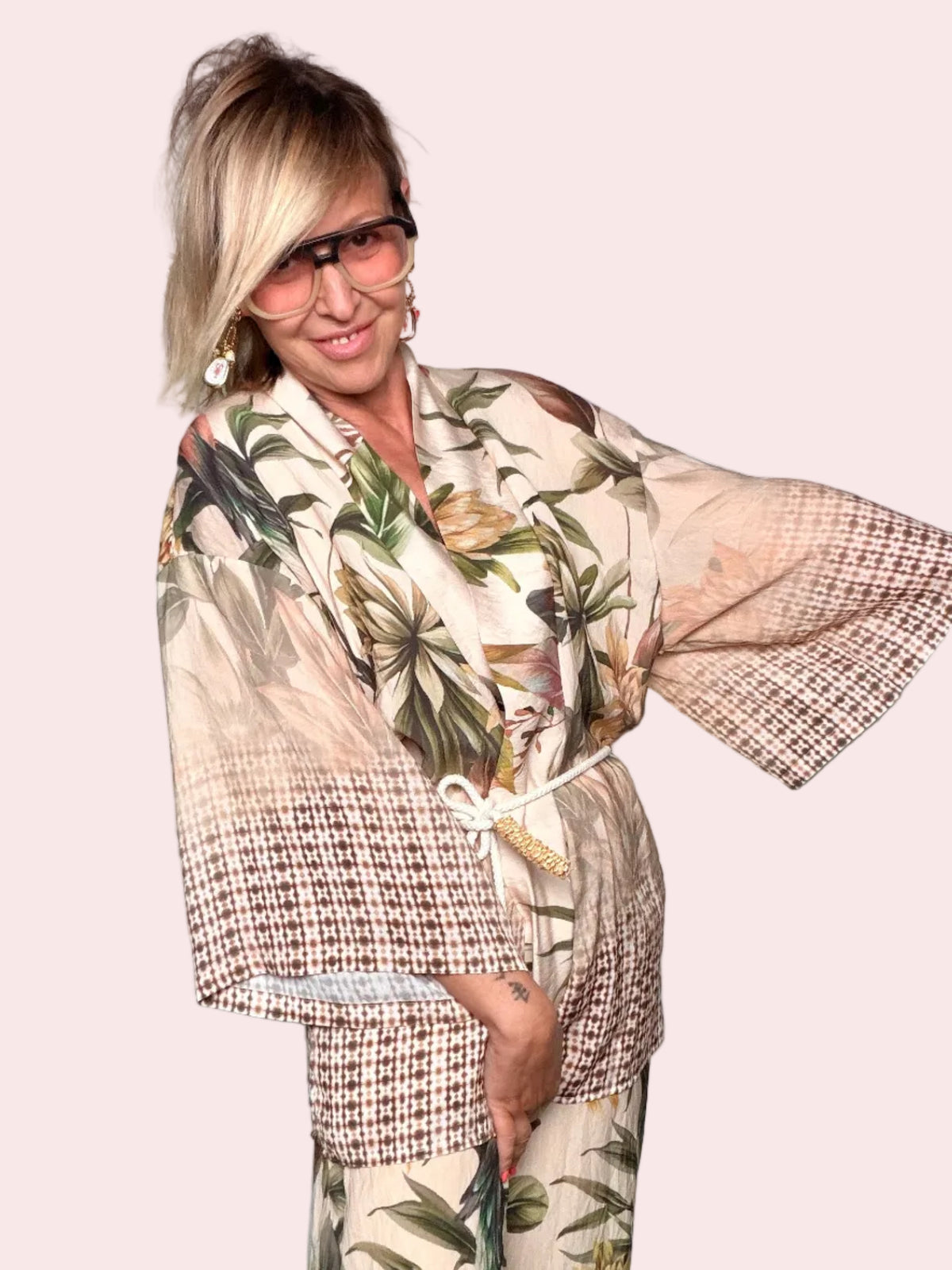 Kimono Jacket Patchwork in Seta con Stampa Botanica e Inserti Geometrici