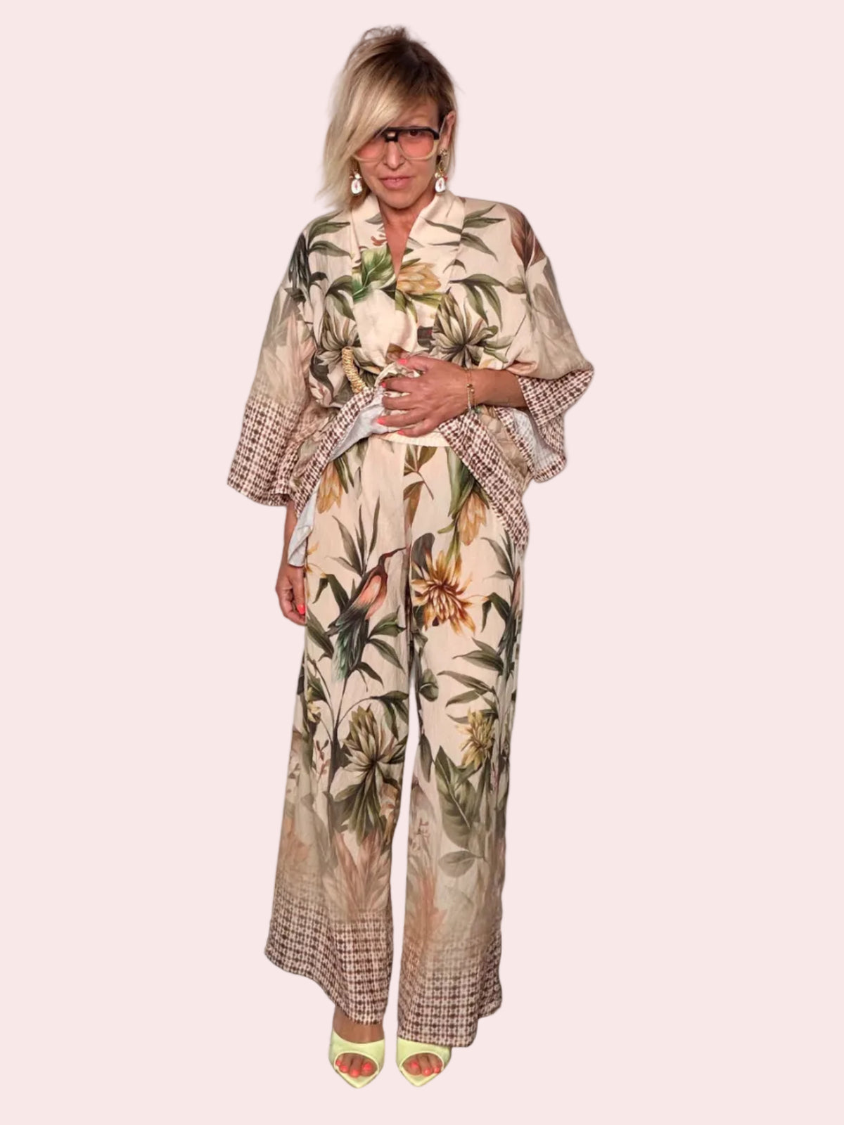 Pantalone Palazzo Wide Leg in Seta con Stampa Botanica e Bordo Patchwork