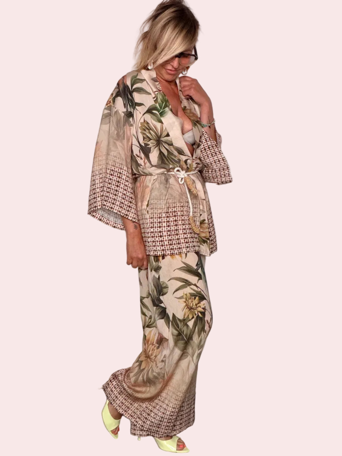 Pantalone Palazzo Wide Leg in Seta con Stampa Botanica e Bordo Patchwork