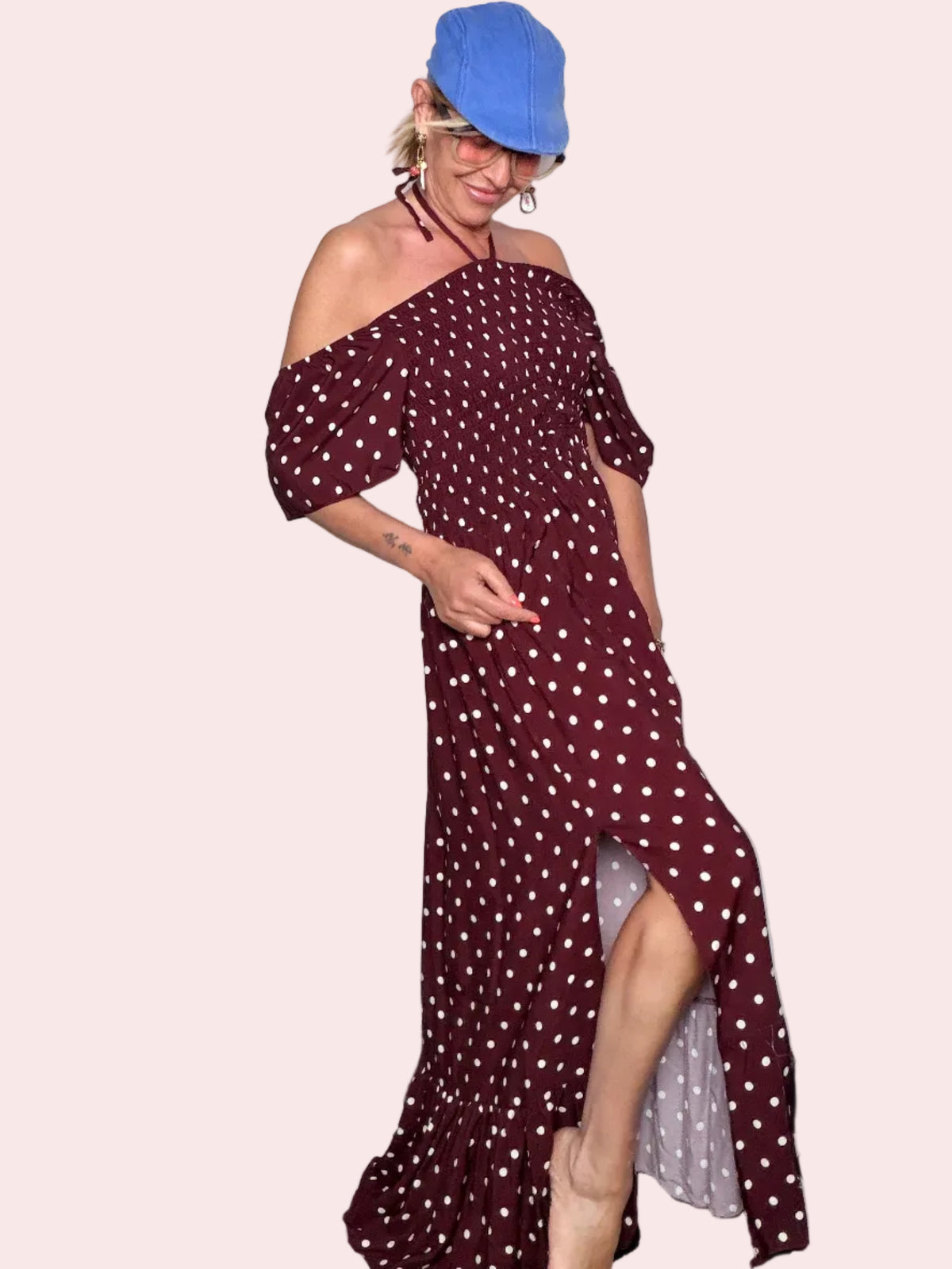 Abito Maxi Pois Off-Shoulder