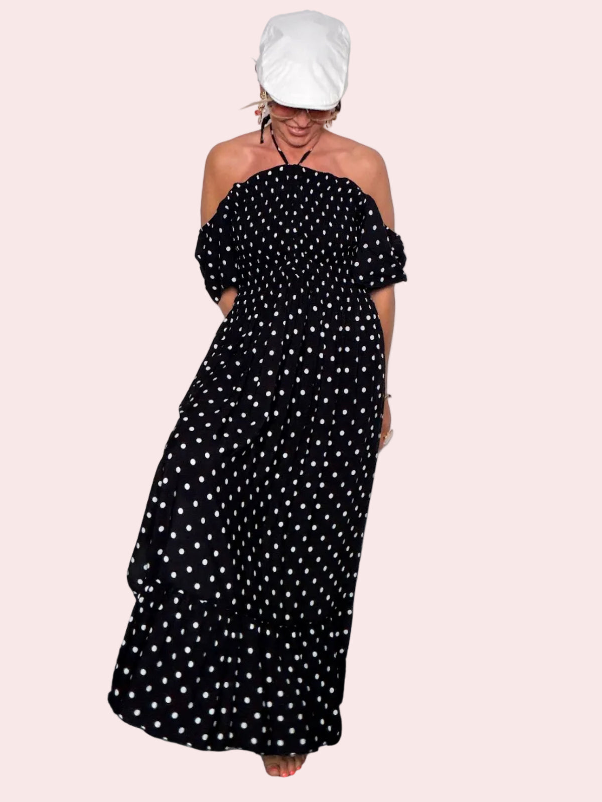 Abito Maxi Pois Off-Shoulder