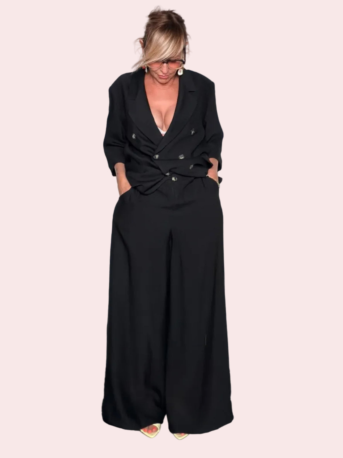 Pantalone Palazzo Wide Leg in Misto Viscosa con Vita Alta e Pince