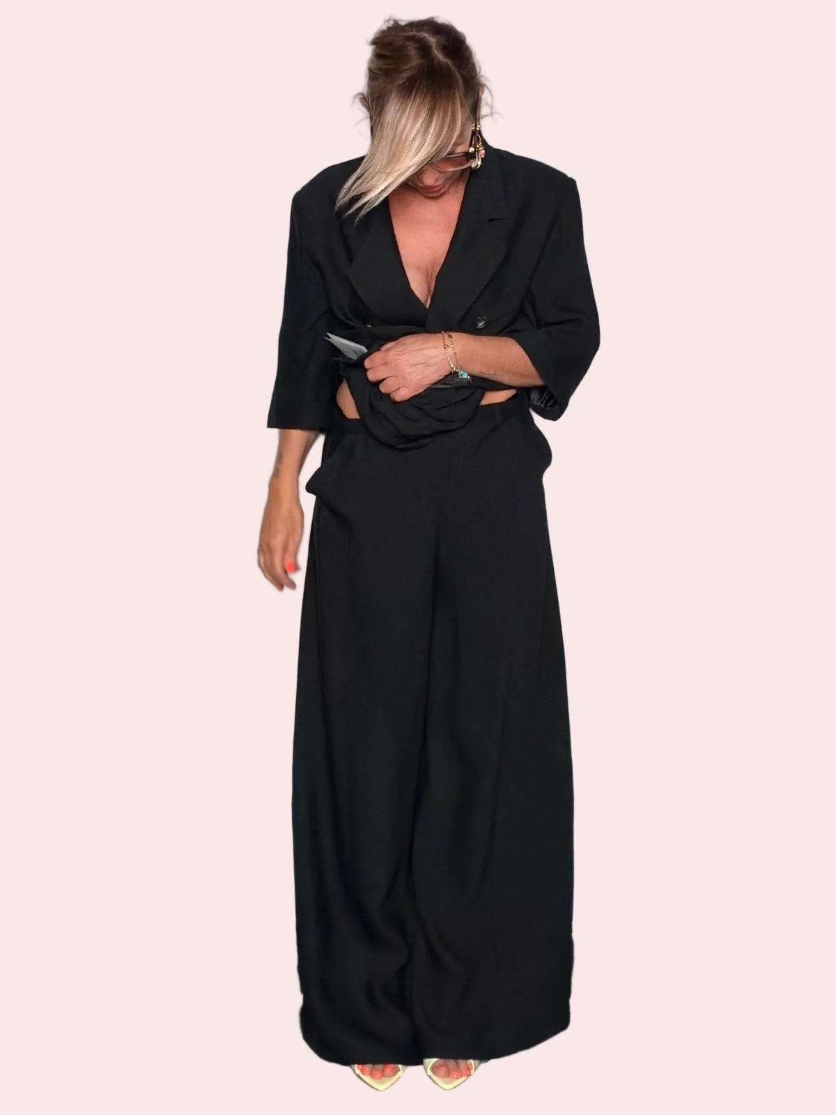Pantalone Palazzo Wide Leg in Misto Viscosa con Vita Alta e Pince