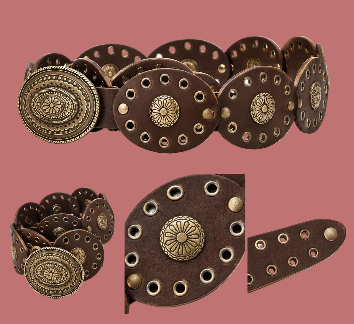 Cintura vintage in pelle con fibbie ovali decorate