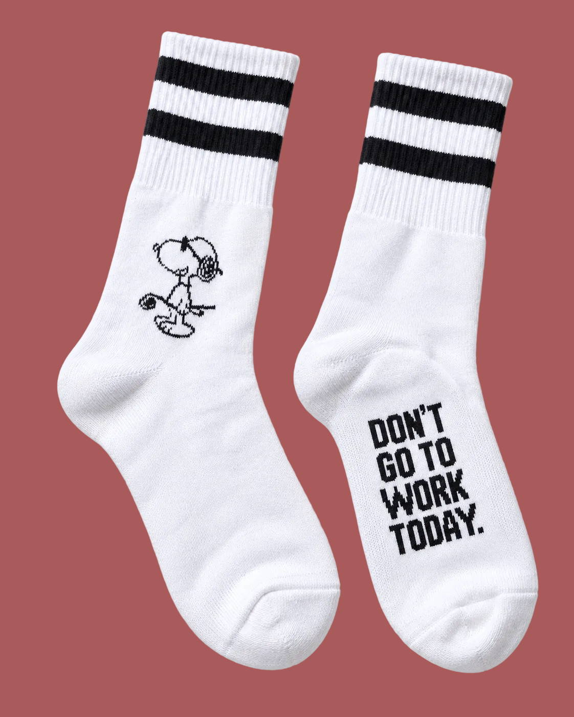 Calzini bianchi Snoopy con scritta Don't go to work today