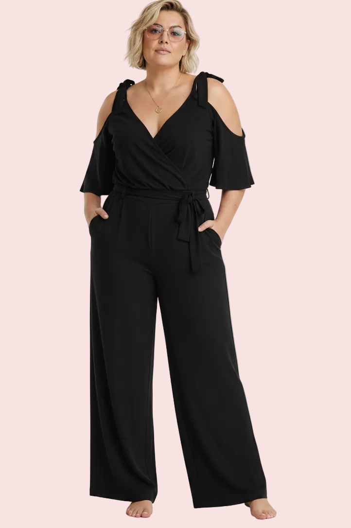 Tuta Jumpsuit Cold Shoulder Scollo a V — Bordeaux / Nero