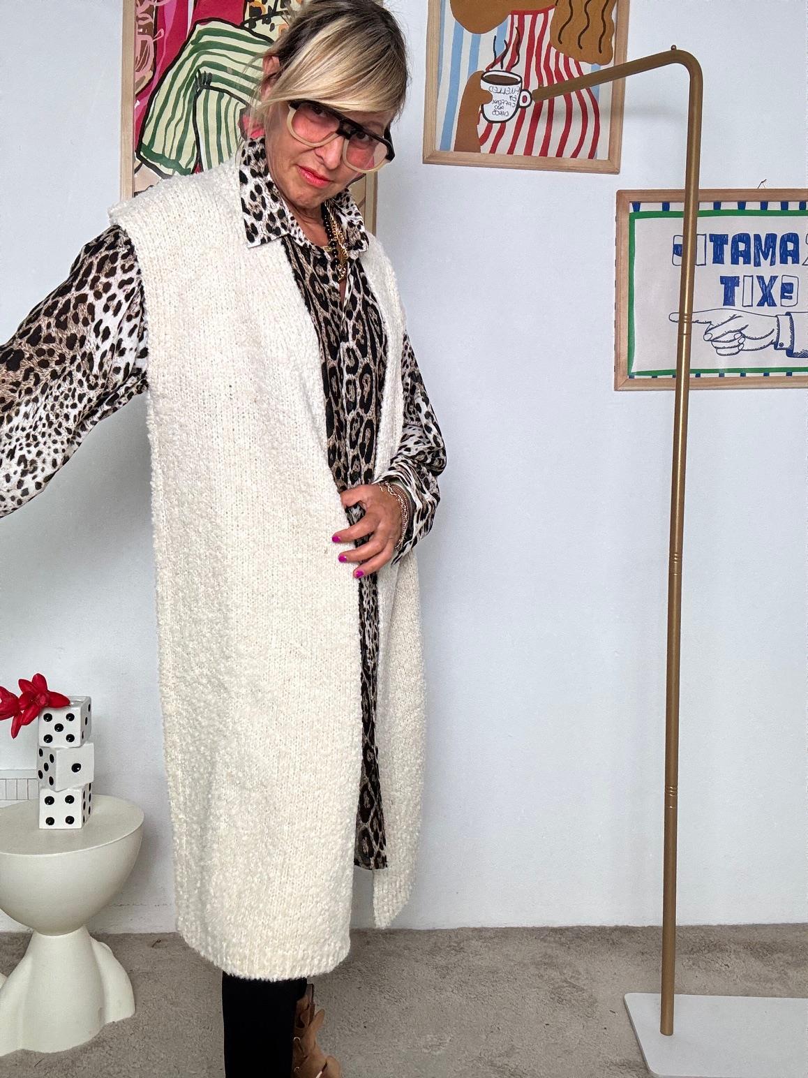 SUSY STAR - Cardigan lungo nero senza maniche in lana bouclé CREMA STWK3017/ CREMA SUSY STAR