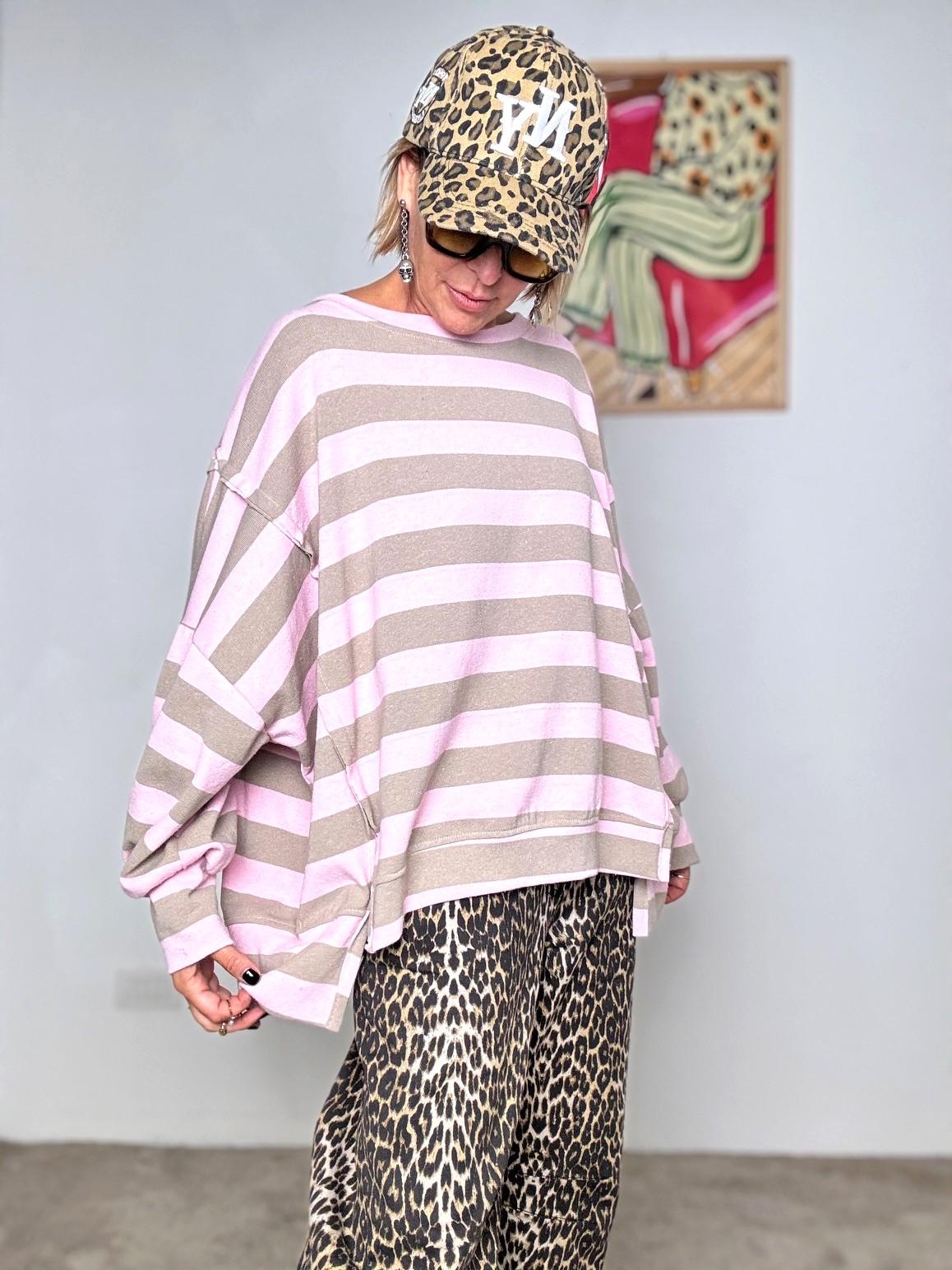 FEMALE_ Felpa oversize a righe BEIGE R51205/ RIGA BEIGE-ROSA FEMALE