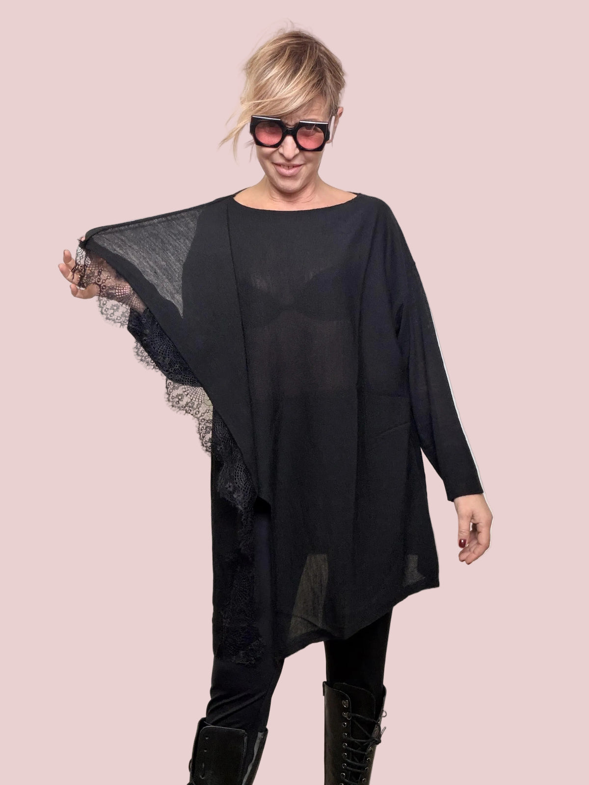 Maglia Over Asimmetrica Effetto Velo ST78539/ NERO SUSY STAR