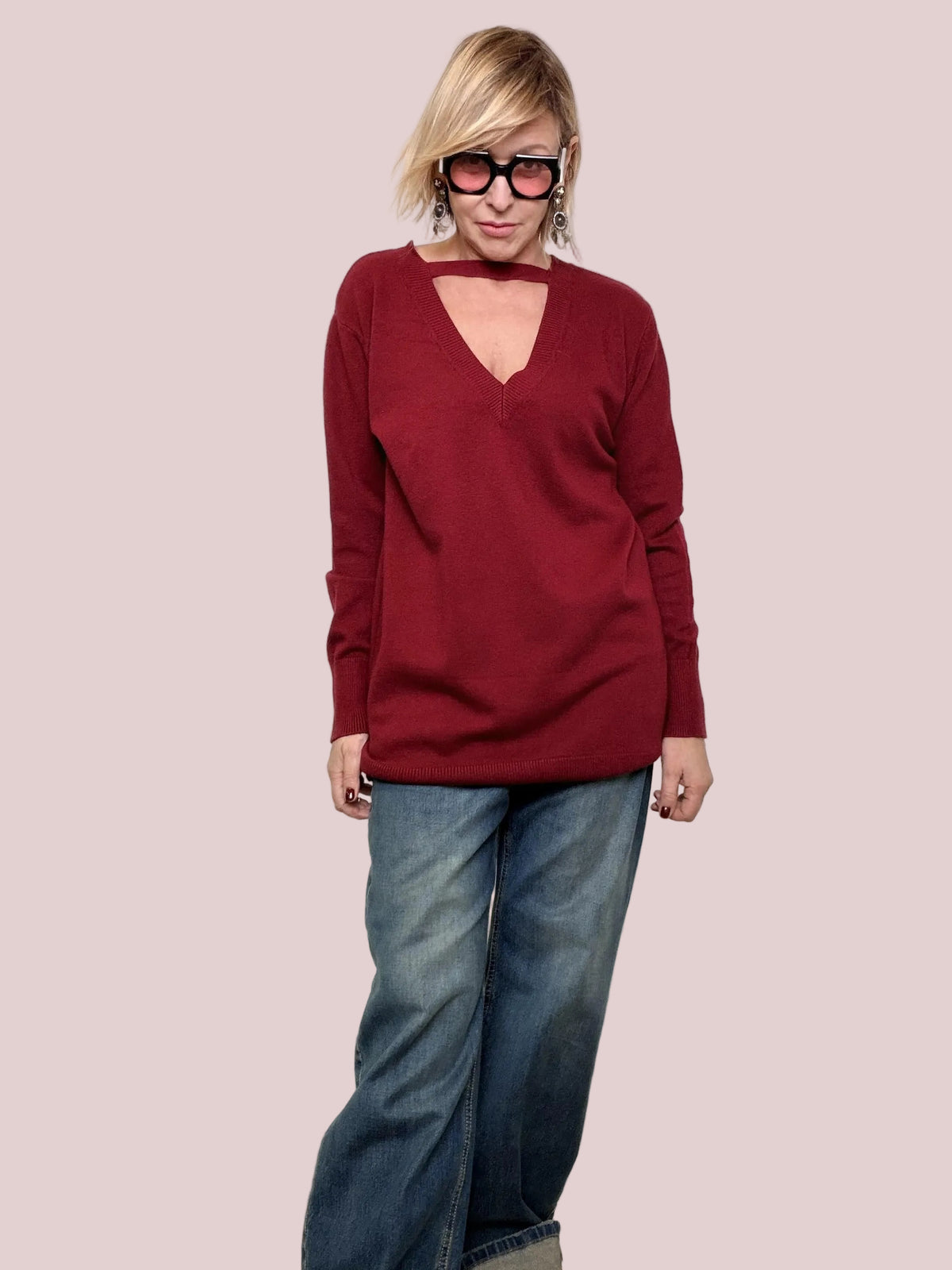 Maglia Reversibile con Scollo a V e Dettaglio Choker ZS9009/ VINO FEMALE