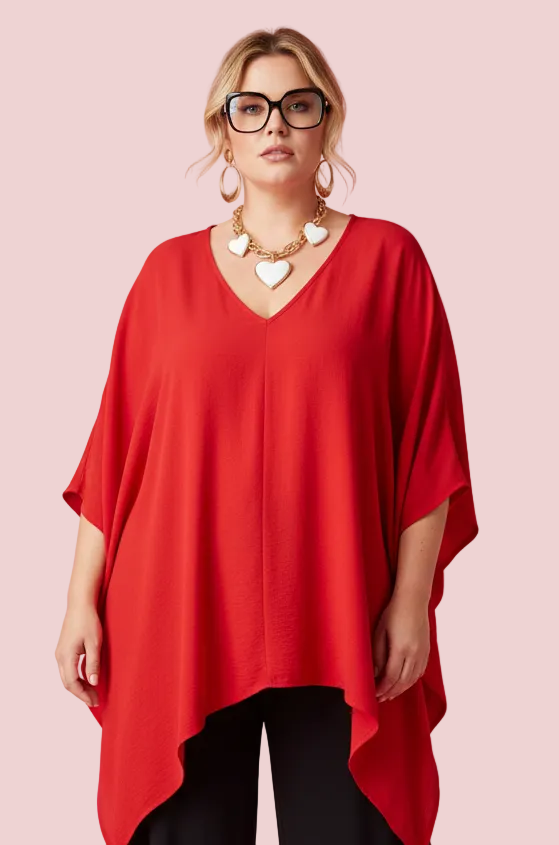 Maglia Oversize Pipistrello Scollo a V — Rosso