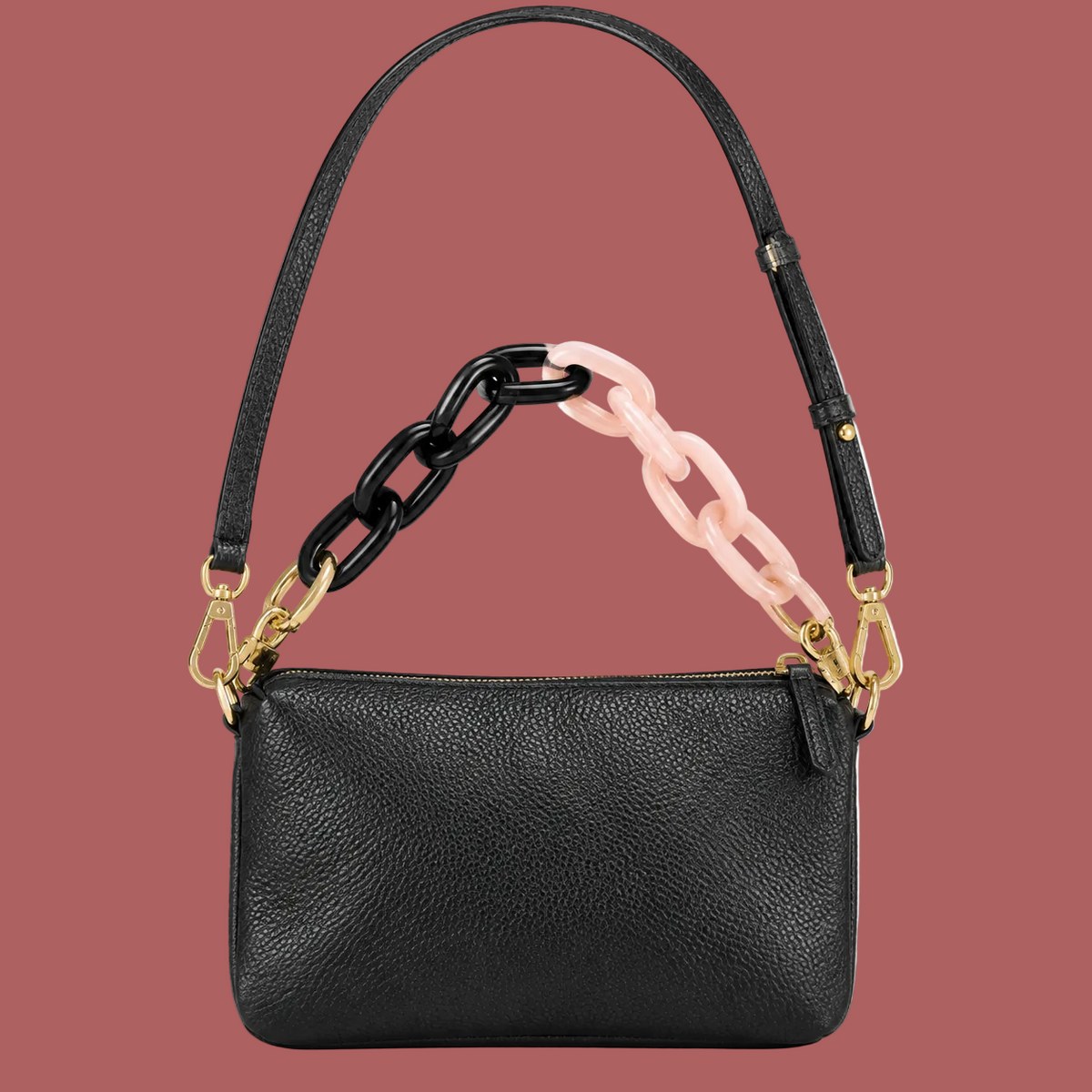 Mini borsa nera, vista posteriore con catena bicolore