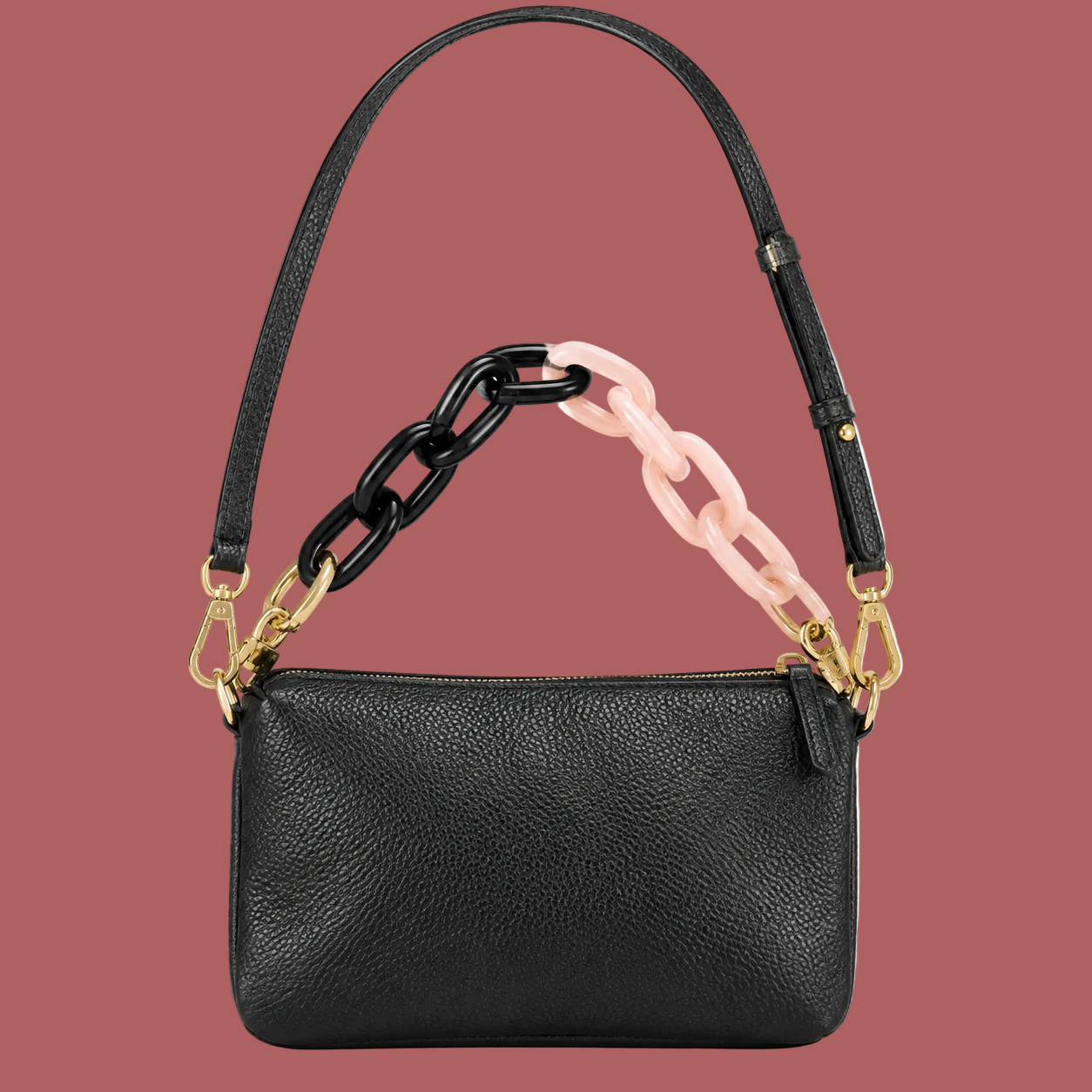 Mini borsa nera, vista posteriore con catena bicolore