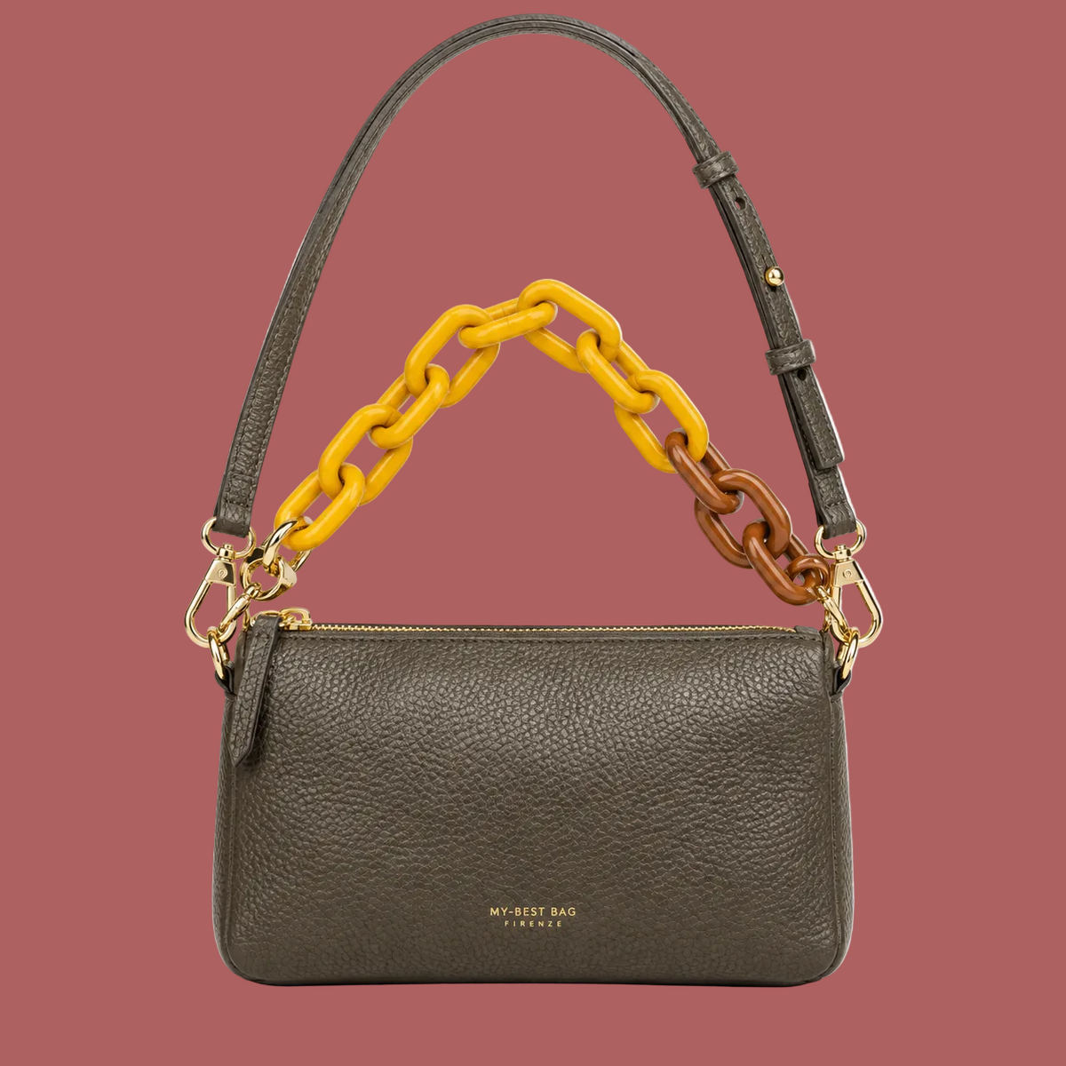 Mini borsa taupe, fronte con catena giallo senape e marrone