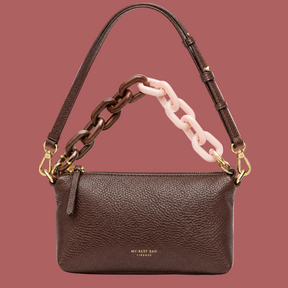 Mini borsa marrone, fronte con catena marrone e rosa chiaro
