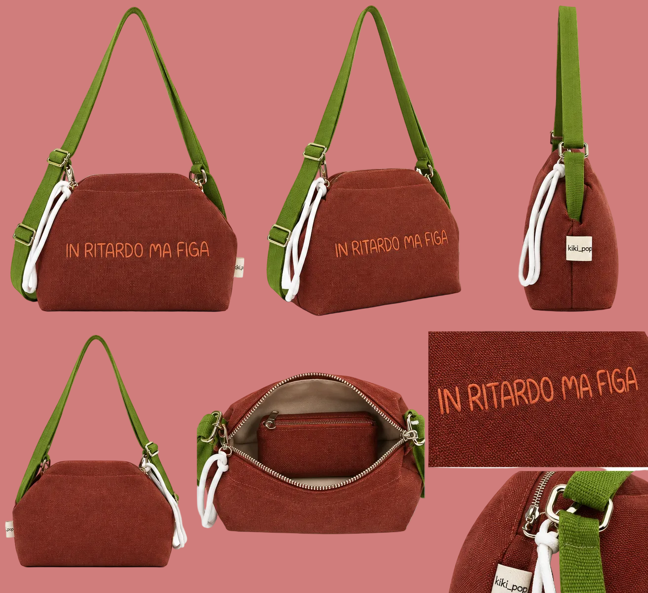Borsa KIKI “In Ritardo Ma Figa” con Tracolla Verde