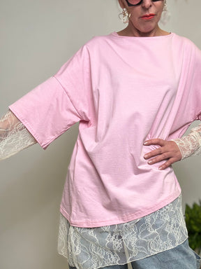 T-Shirt Over con Inserto in Pizzo