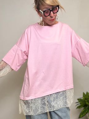 T-Shirt Over con Inserto in Pizzo