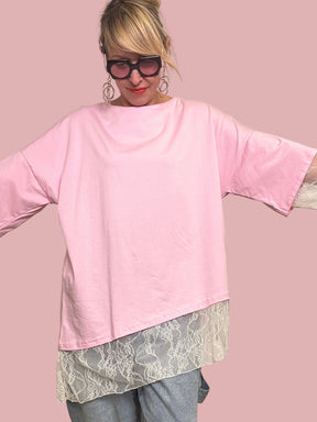 T-Shirt Over con Inserto in Pizzo