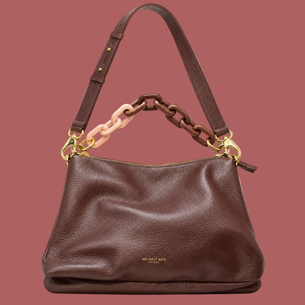Borsa a spalla grande marrone, fronte con catena marrone e rosa chiaro
