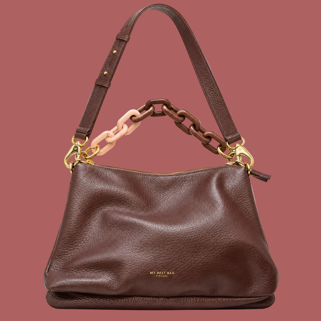 Borsa a spalla grande marrone, fronte con catena marrone e rosa chiaro