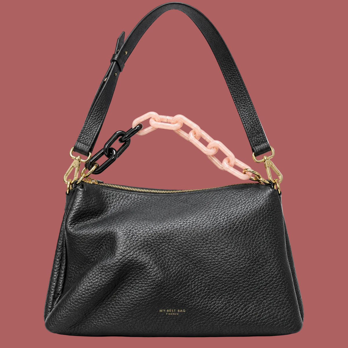 Borsa a spalla grande nera, fronte con catena nera e rosa chiaro