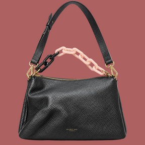 Borsa a spalla grande nera, fronte con catena nera e rosa chiaro
