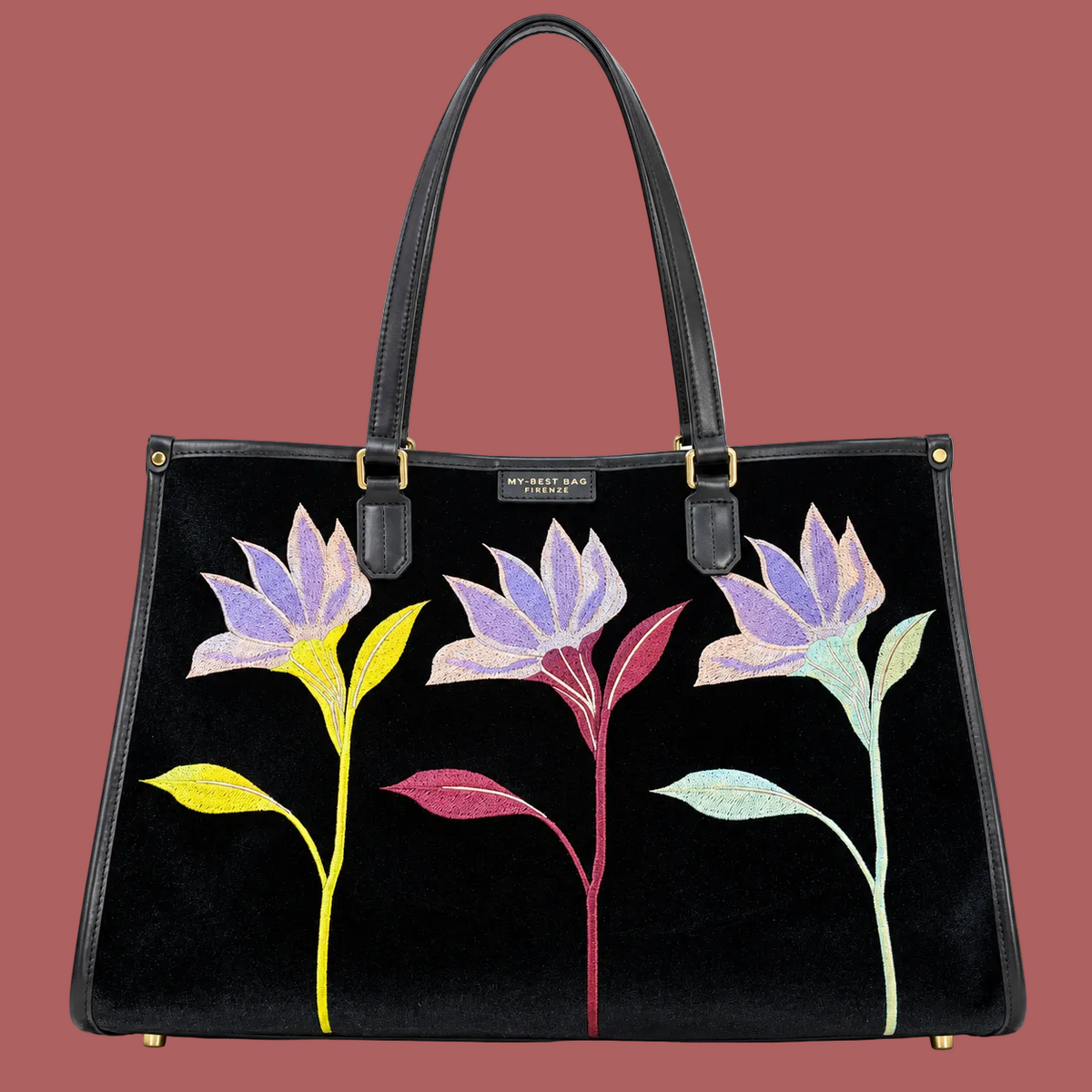 Borsa tote nera, vista frontale con tre fiori ricamati multicolore