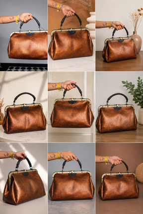 Doctor Bag pelle Cognac Bronzo Metallizzato – Chiusura a Morsa Vintage