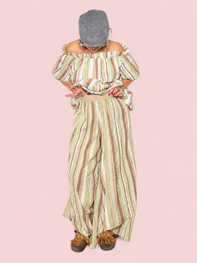 Pantalone Palazzo Maxi a Righe con Fascia in Rafia in Cotone Crinkle
