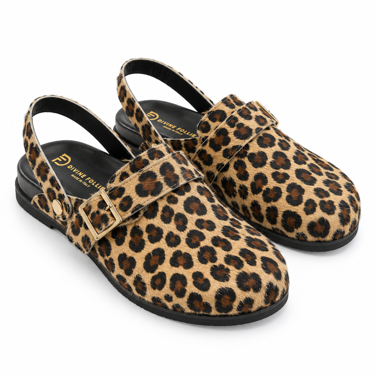 Zoccoli animalier beige e neri con fibbie dorate Divine Follie