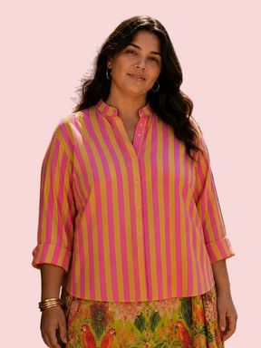 Camicia Oversize a Righe Rosa e Arancio