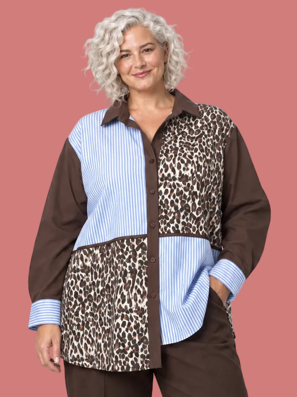 Camicia lunga patchwork animalier e righe Flo&Poi