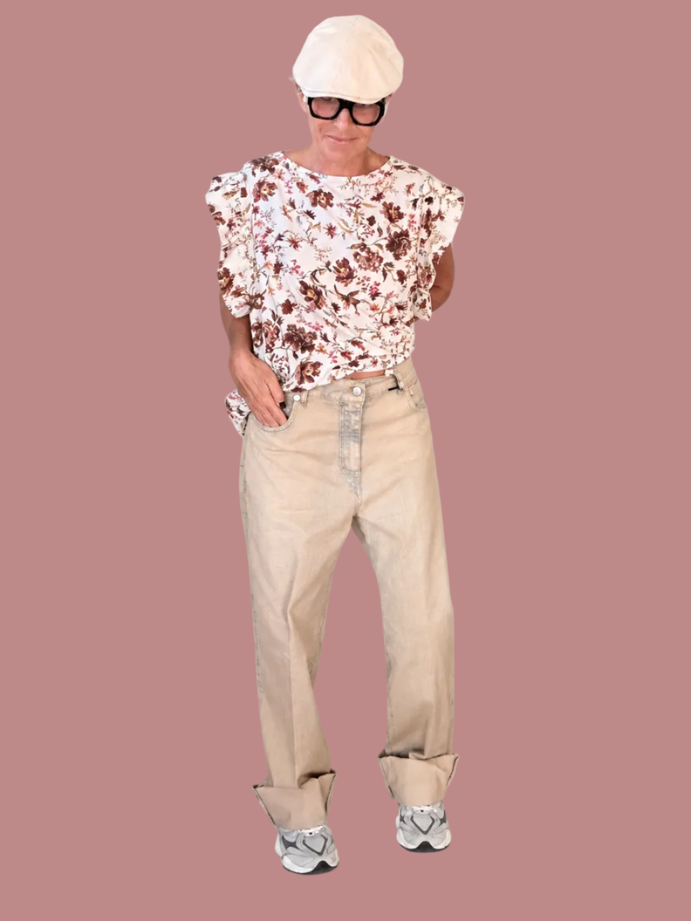 Jeans Beige a Gamba Dritta con Risvolto