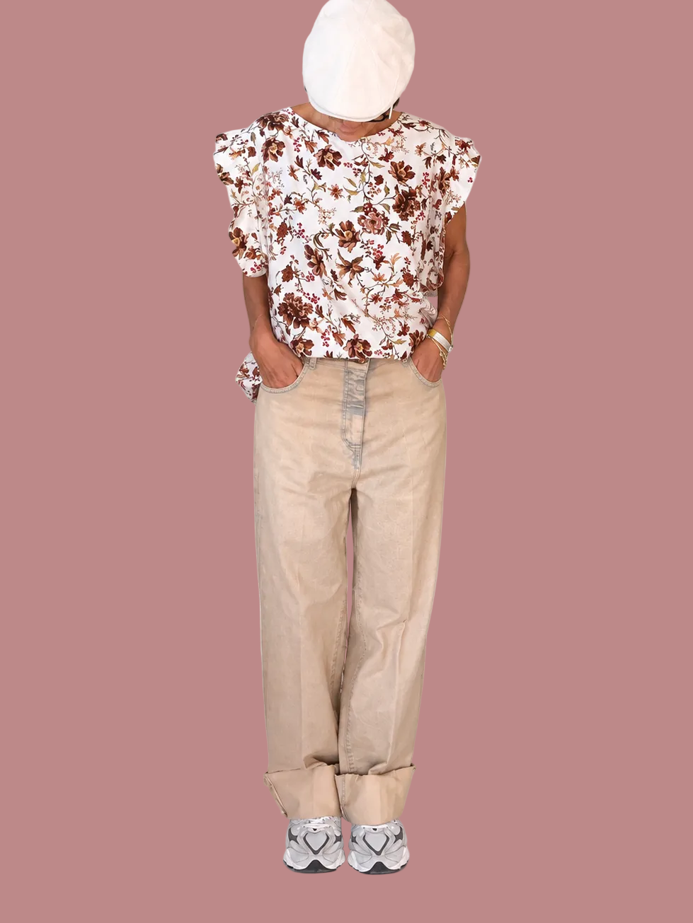Jeans Beige a Gamba Dritta con Risvolto