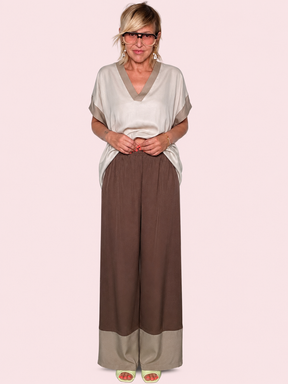 Pantalone Palazzo Wide Leg Bicolor con Fascia a Contrasto