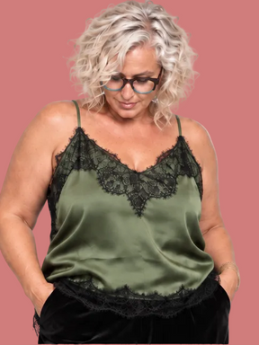Top in Raso Verde Militare con Pizzo Nero