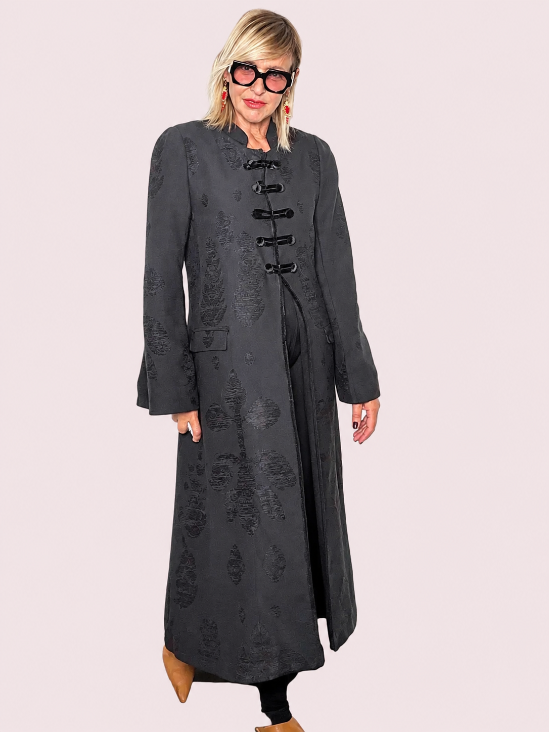 Giacca cappotto Maxi Jacquard Nero Alamari Collo Coreana
