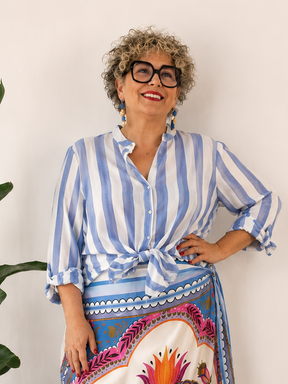 Camicia Oversize Righe Azzurro Collo Coreana Fiocco (C