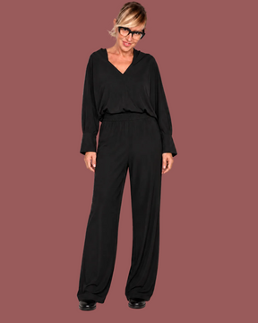 Pantalone Fluido Nero con elastico in Vita e Gamba Larga