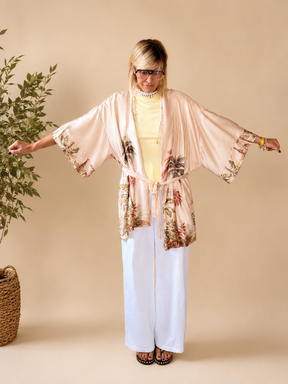 Kimono Maxi Satinato Rosa Cipria Stampa Tropicale